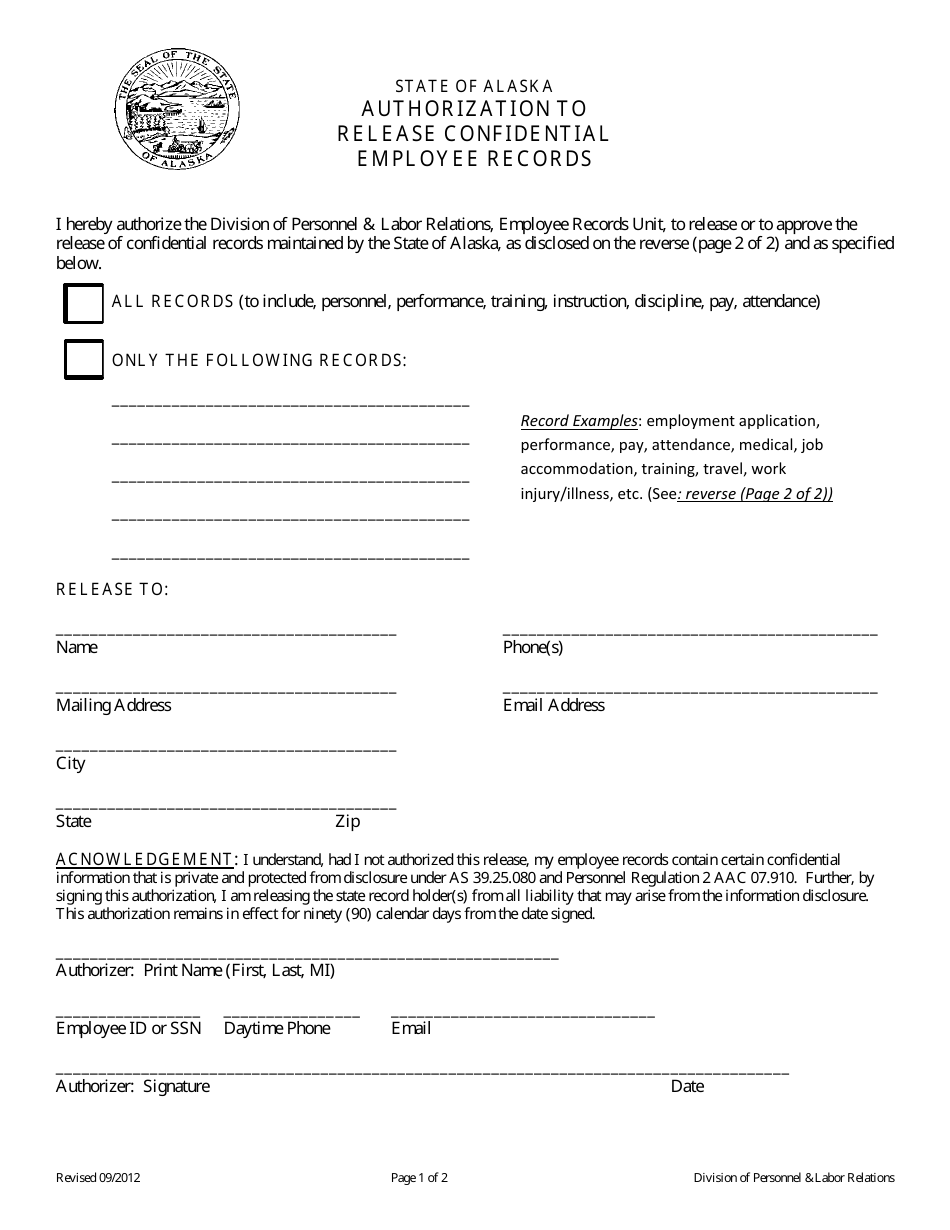 Authorization to Release Confidential Employee Records - Alaska, Page 1