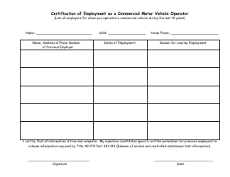 Document preview: Certification of Employment as a Commercial Motor Vehicle Operator - Alaska