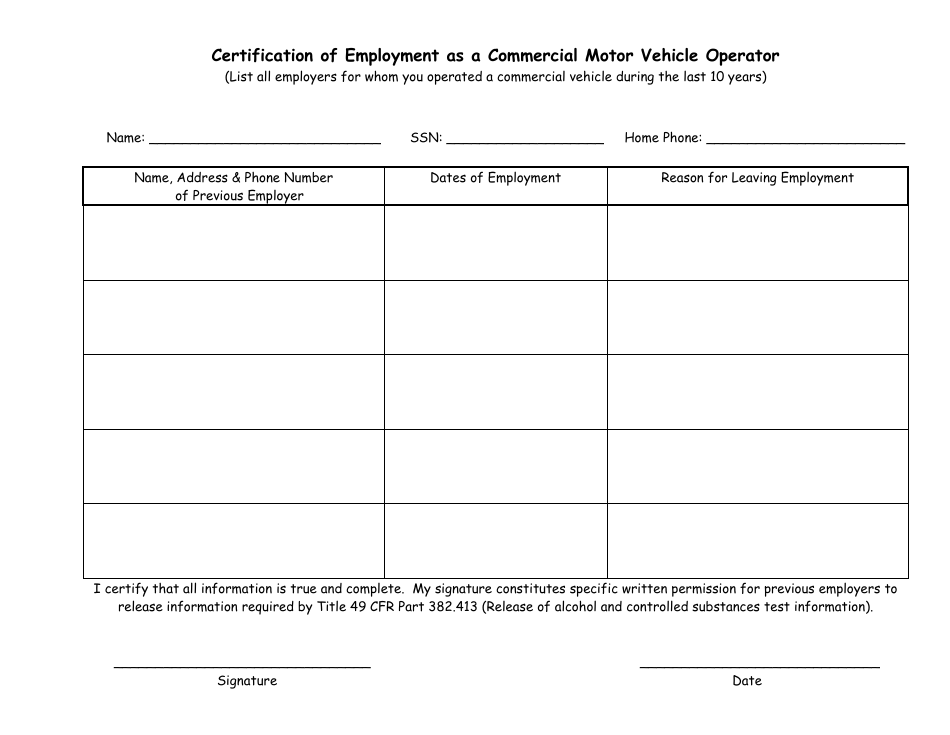 Certification of Employment as a Commercial Motor Vehicle Operator - Alaska, Page 1