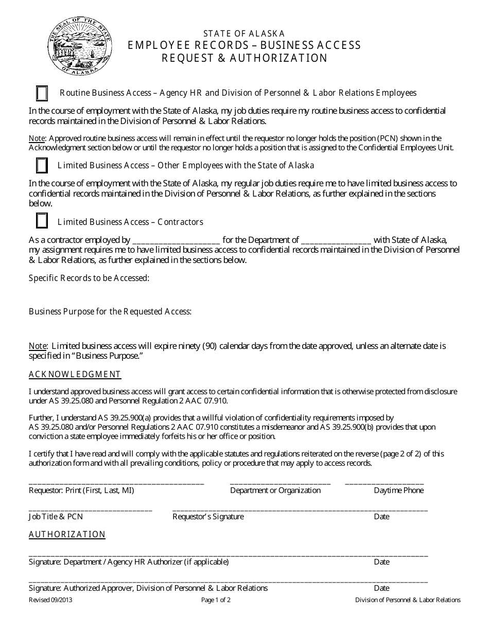Employee Records - Business Access Request  Authorization - Alaska, Page 1