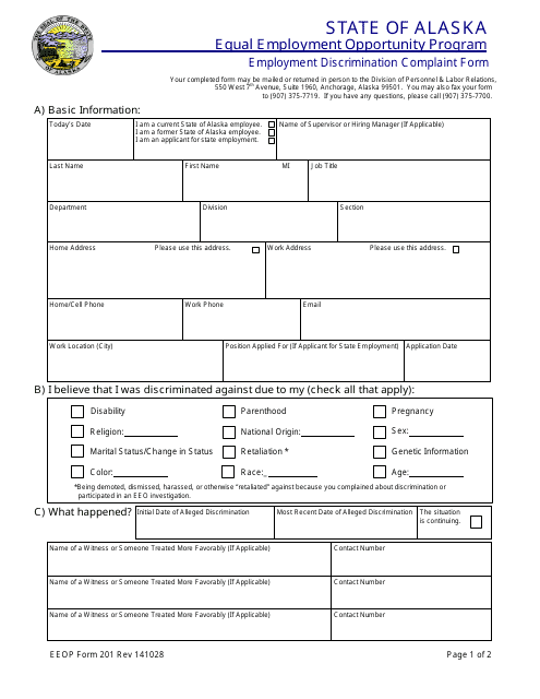 EEOP Form 201 Employment Discrimination Complaint Form - Alaska