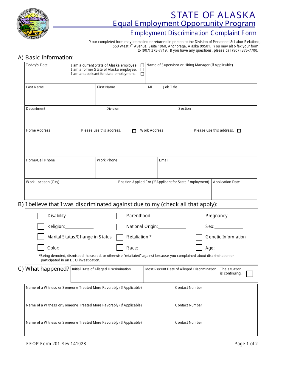 EEOP Form 201 Employment Discrimination Complaint Form - Alaska, Page 1
