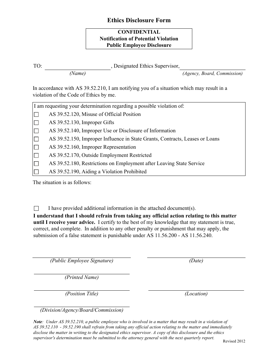 Ethics Disclosure: Confidential Notification of Potential Violation by State Employee - Alaska, Page 1