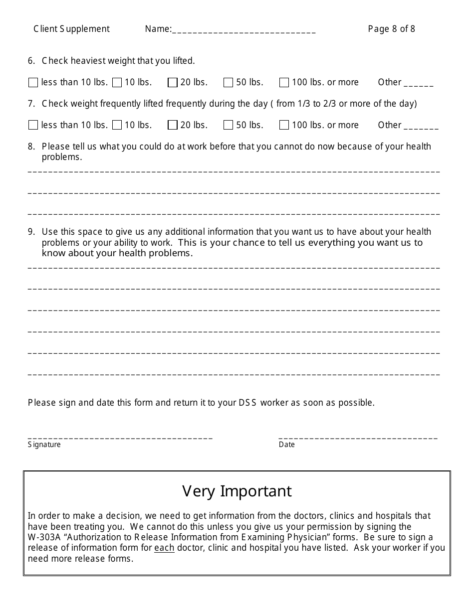 Form W-303 Client Supplement for Medical Information - Connecticut, Page 8