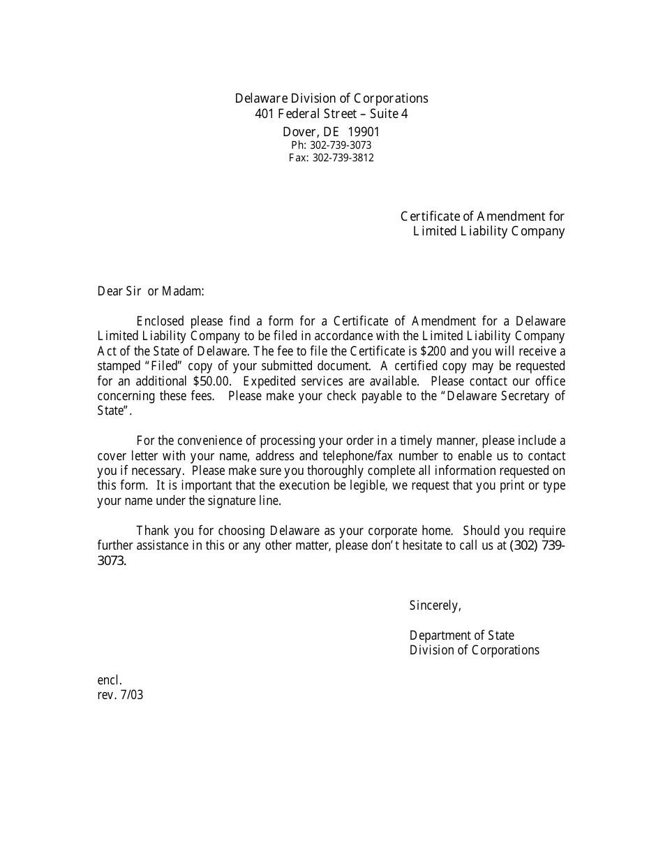 Certificate of Amendment for Limited Liability Company - Delaware, Page 1