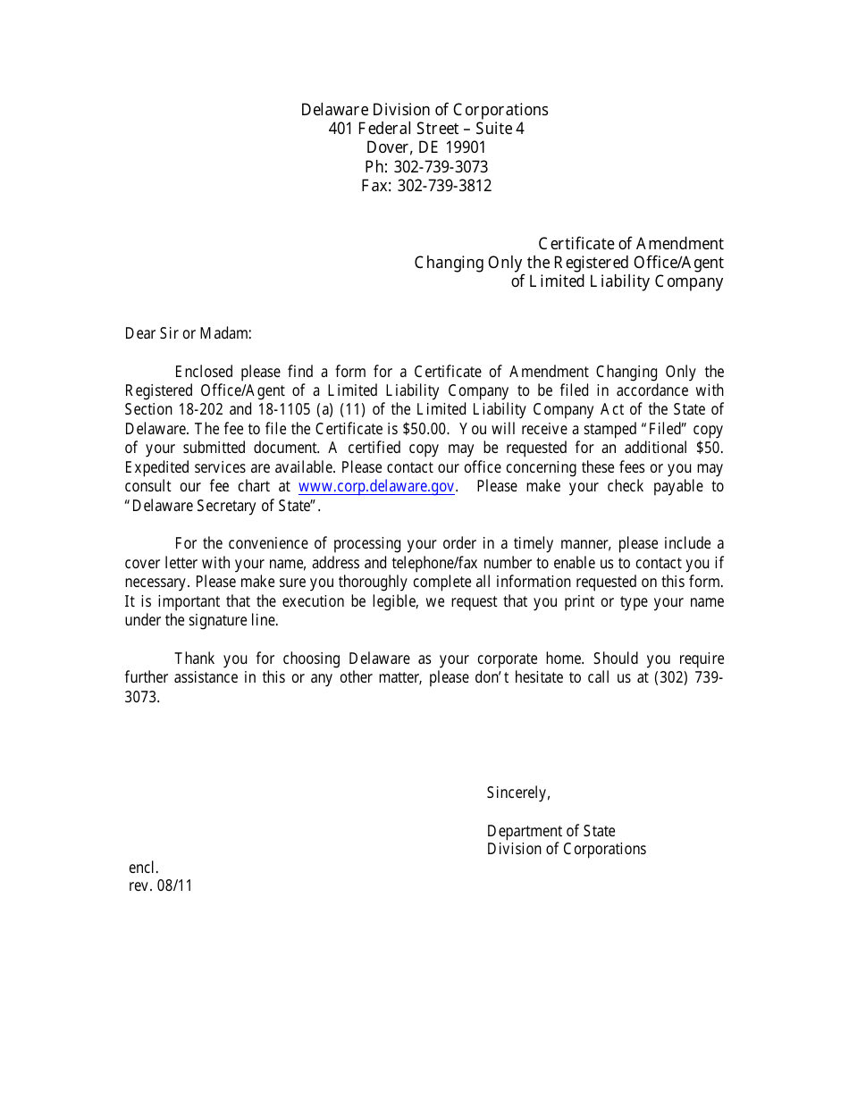 Certificate of Amendment Changing Only the Registered Office / Agent of Limited Liability Company - Delaware, Page 1