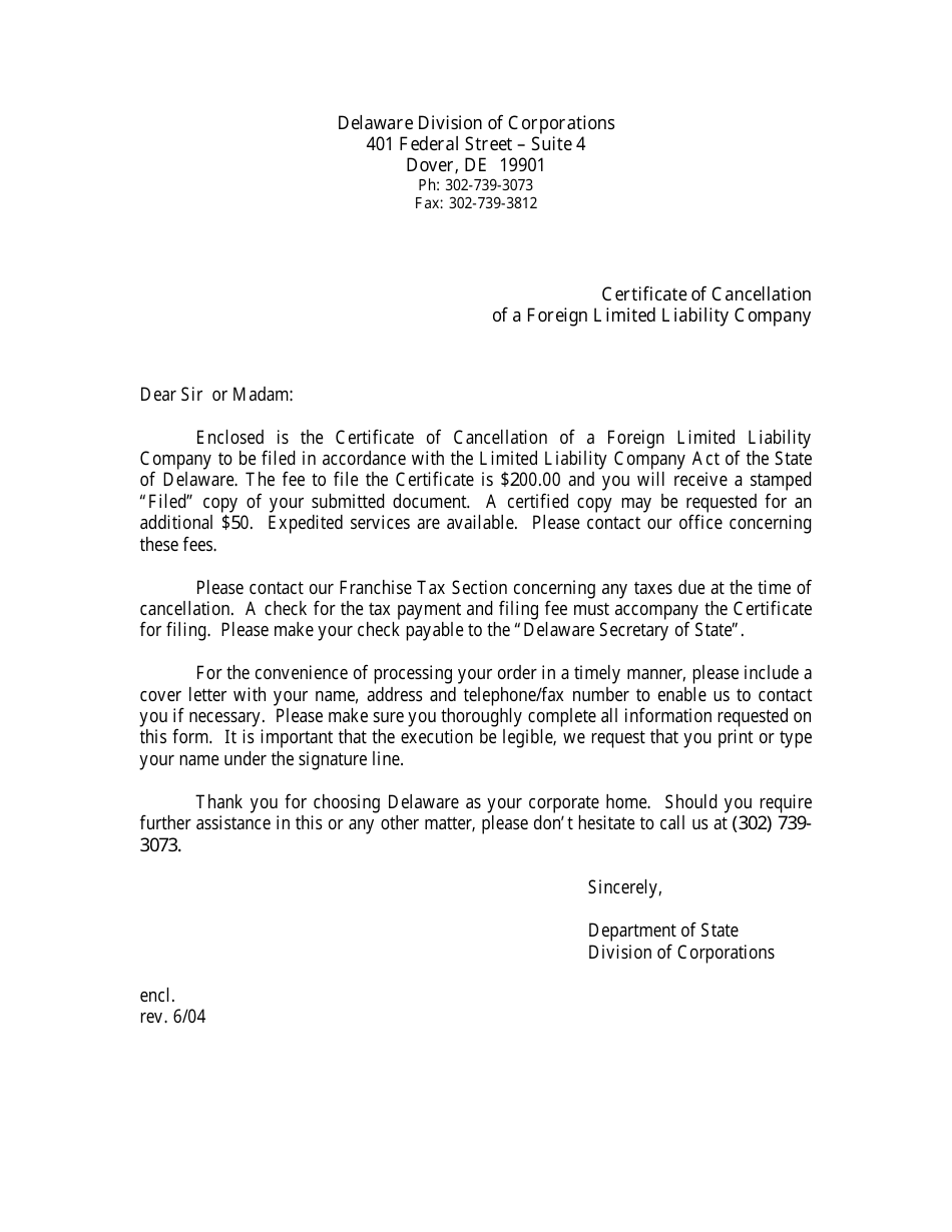 Certificate of Cancellation of a Foreign Limited Liability Company - Delaware, Page 1