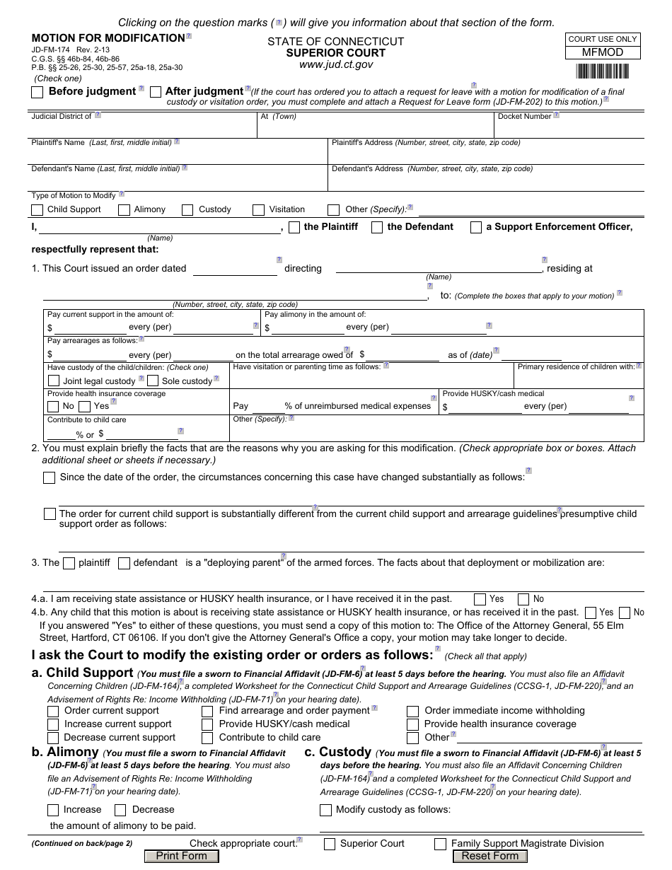 Form JD-FM-174 Motion for Modification - Connecticut, Page 1