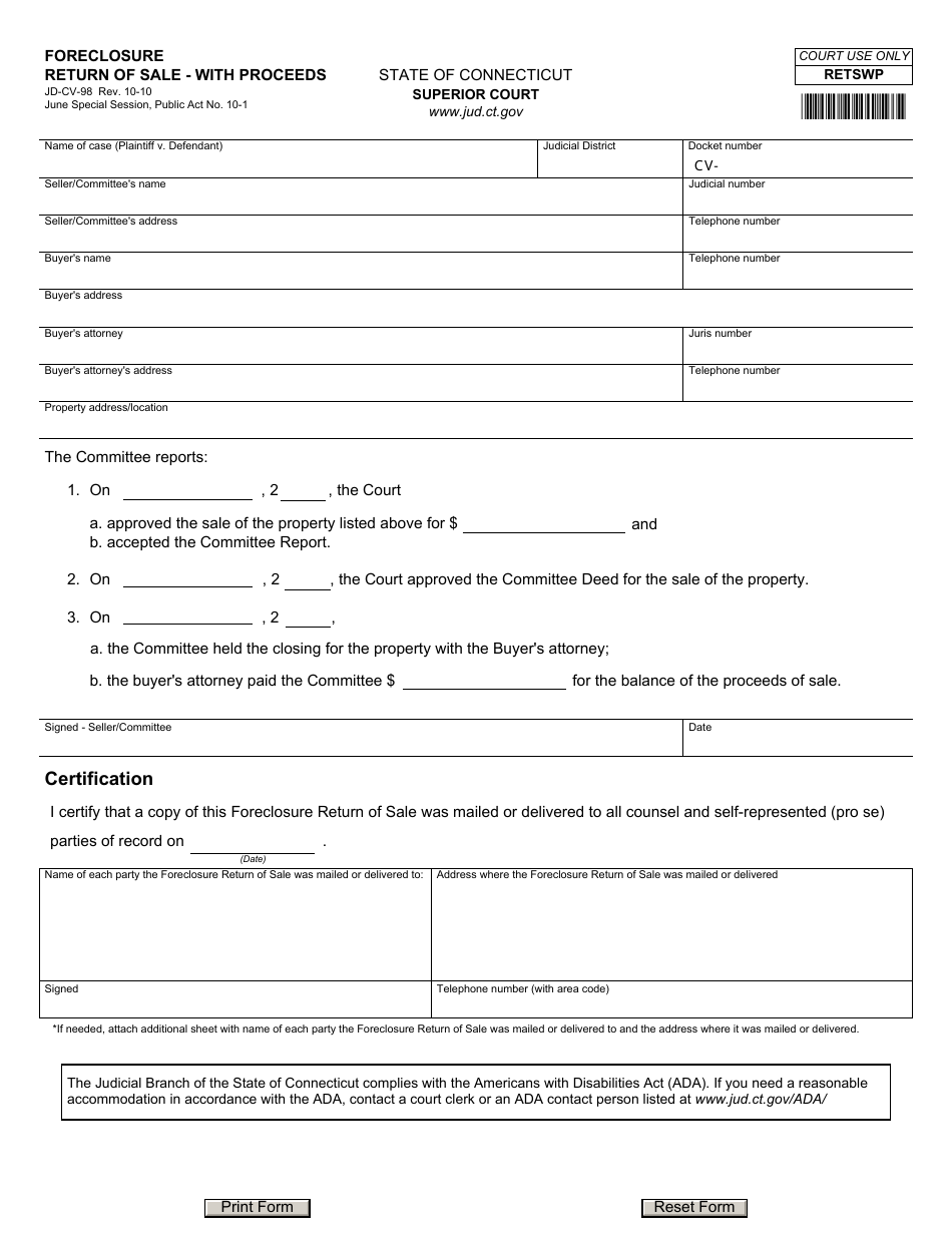 Form JD-CV-98 Foreclosure Return of Sale ' With Proceeds - Connecticut, Page 1