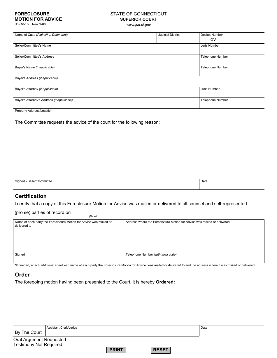 Form JD-CV-100 Foreclosure, Motion for Advice - Connecticut, Page 1