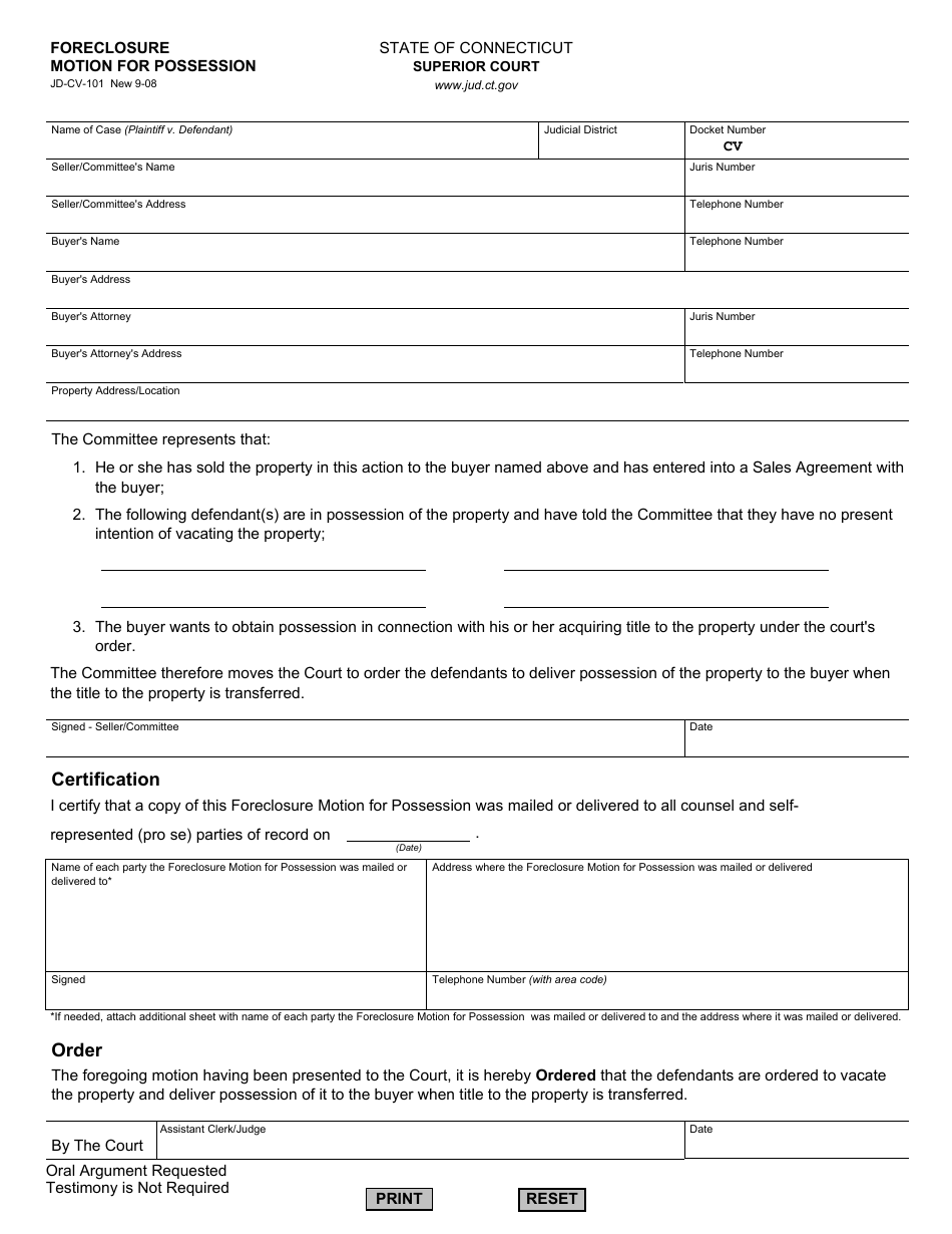 Form JD-CV-101 Foreclosure, Motion for Possession - Connecticut, Page 1