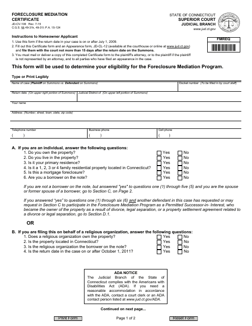 Form JD-CV-108 Foreclosure Mediation Certificate - Connecticut
