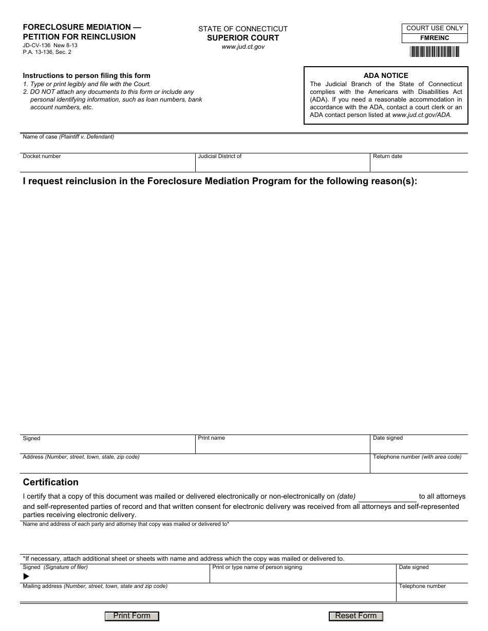 Form JD-CV-136 Foreclosure Mediation - Petition for Reinclusion - Connecticut, Page 1