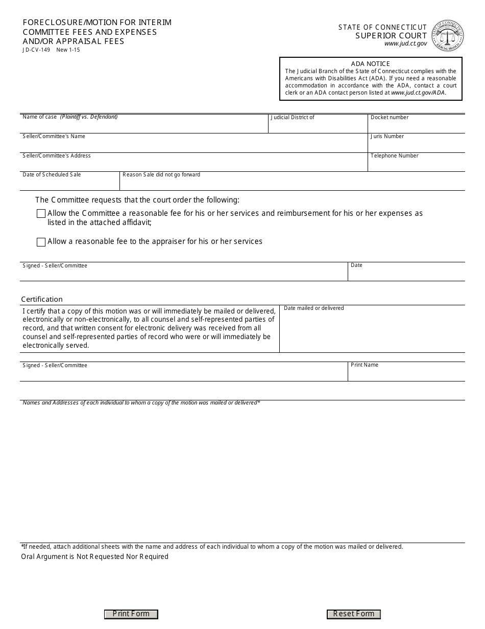 Form JD-CV-149 Foreclosure / Motion for Interim Committee Fees and Expenses and / or Appraisal Fees - Connecticut, Page 1