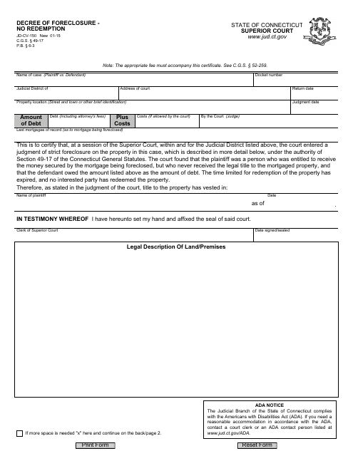 Form JD-CV-150 Decree of Foreclosure - No Redemption - Connecticut