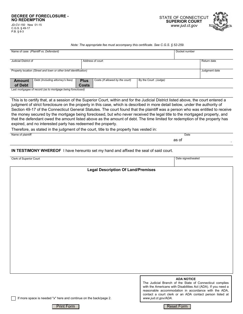 Form JD-CV-150 Decree of Foreclosure - No Redemption - Connecticut, Page 1