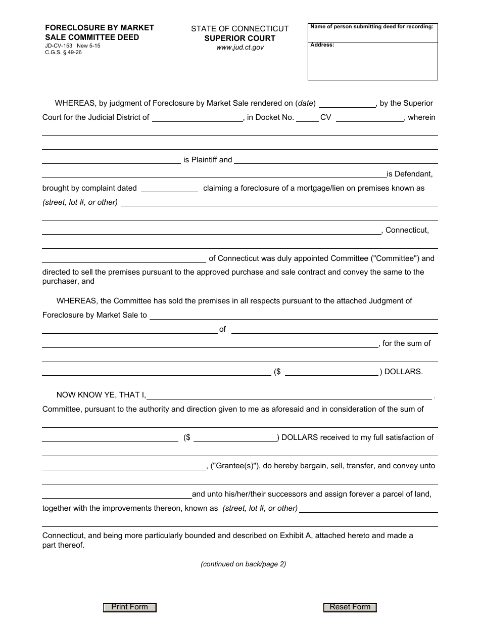 Form JD-CV-153 Foreclosure by Market Sale Committee Deed - Connecticut, Page 1