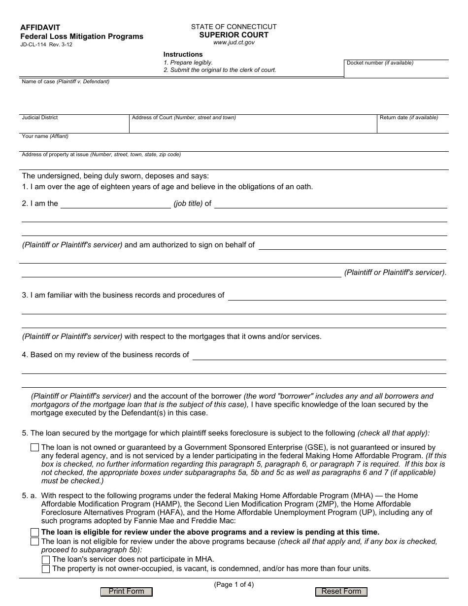 Form JD-CL-114 Affidavit - Federal Loss Mitigation Programs - Connecticut, Page 1
