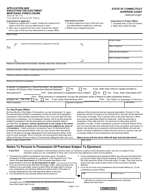 Form JD-CV-30 Execution for Ejectment, Mortgage Foreclosure - Connecticut