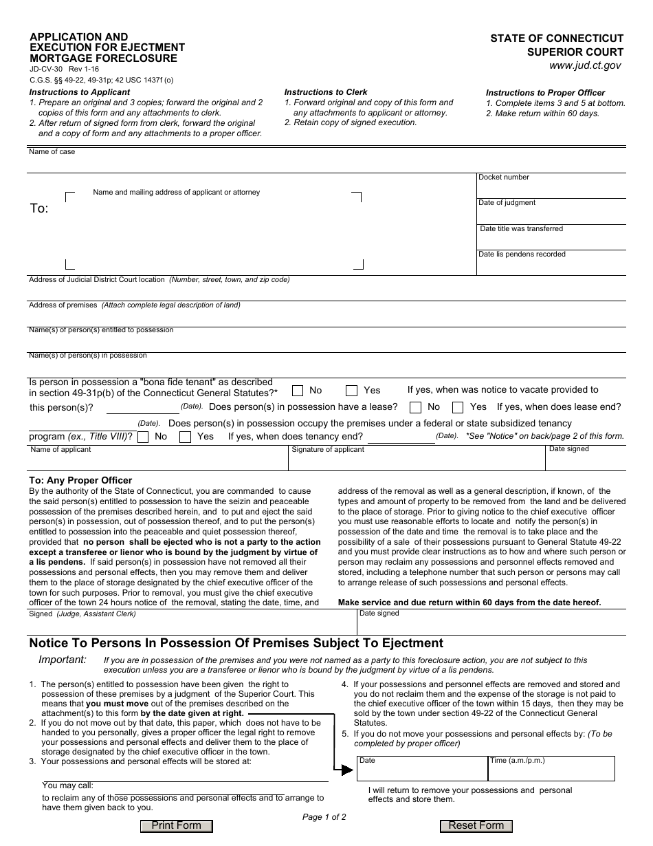 Form JD-CV-30 Execution for Ejectment, Mortgage Foreclosure - Connecticut, Page 1