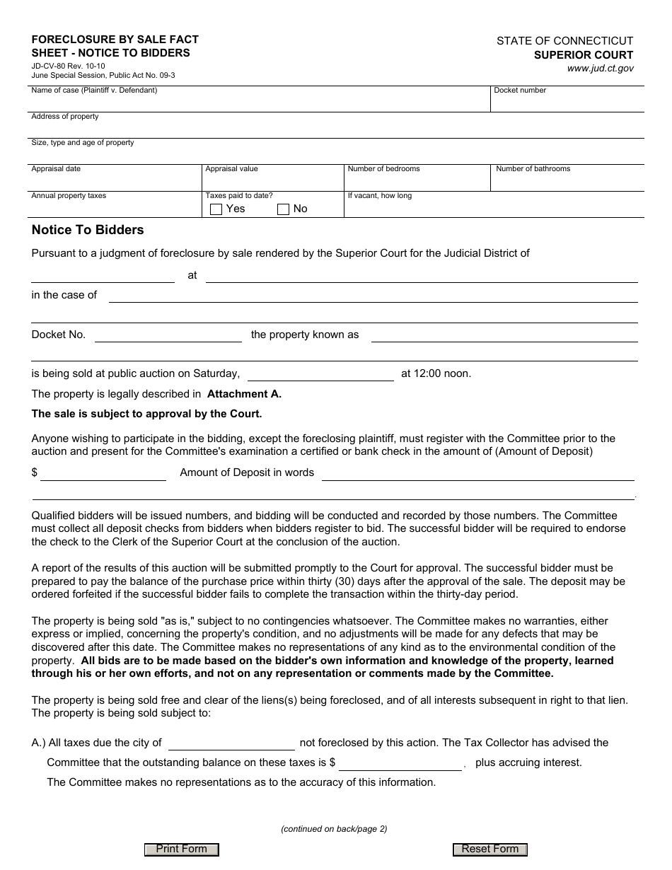 Form JD-CV-80 Foreclosure by Sale, Fact Sheet - Notice to Bidders - Connecticut, Page 1