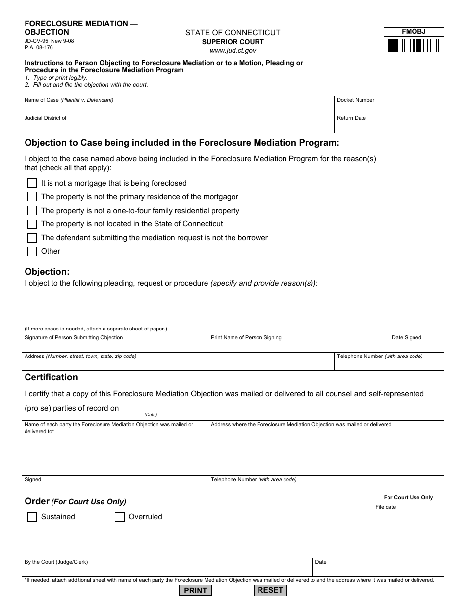 Form JD-CV-95 Foreclosure Mediation  Objection - Connecticut, Page 1