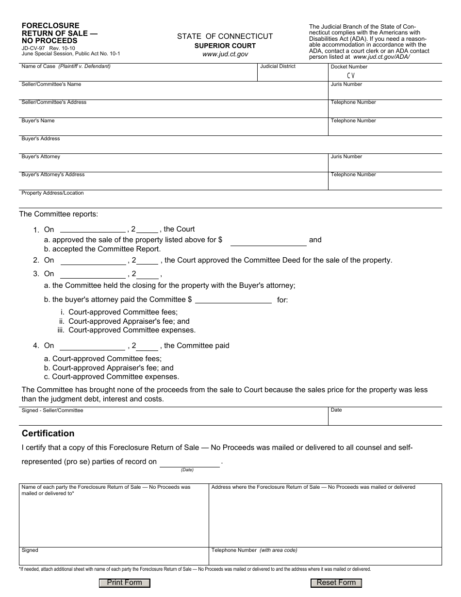 Form JD-CV-97 Foreclosure Return of Sale  No Proceeds - Connecticut, Page 1