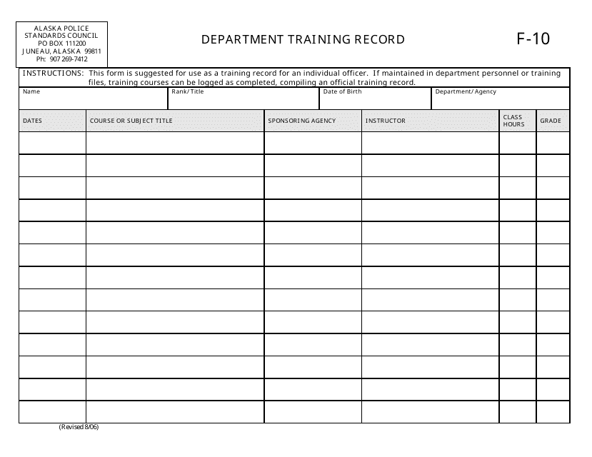Form F-10 Department Training Record - Alaska