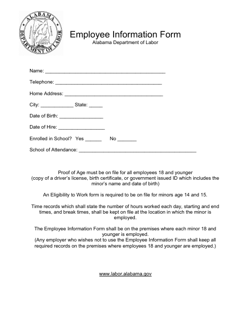 "Employee Information Form" - Alabama Download Pdf