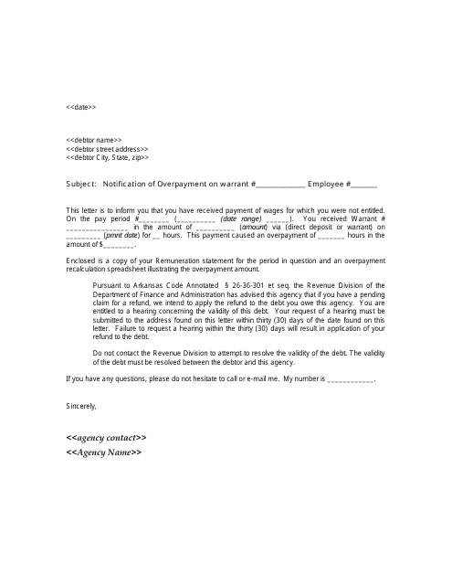 Letter of Notice of Overpayment - Arkansas Download Pdf