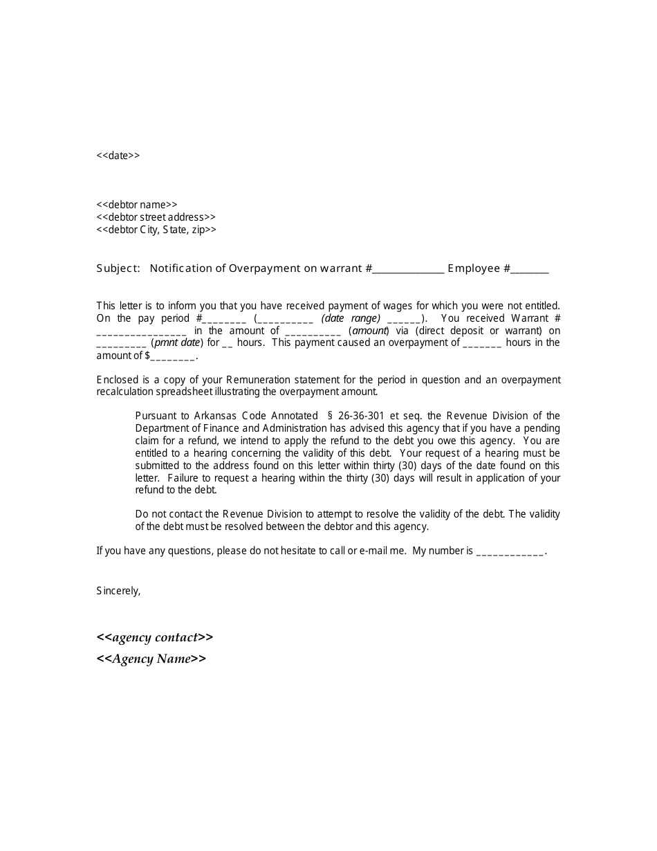 Letter of Notice of Overpayment - Arkansas, Page 1