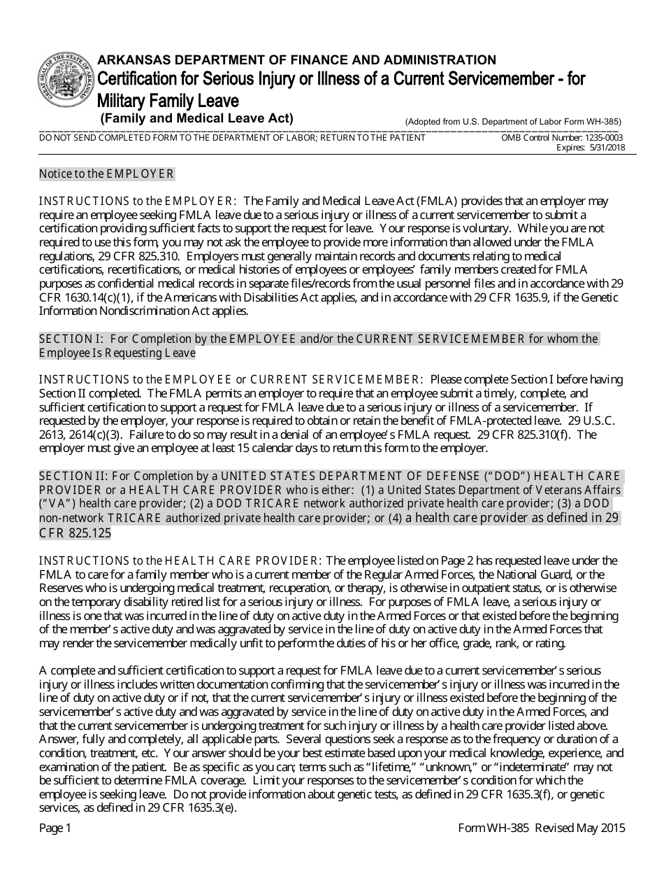 Form WH-385 Certification for Serious Injury or Illness of a Current Servicemember - for Military Family Leave - Arkansas, Page 1