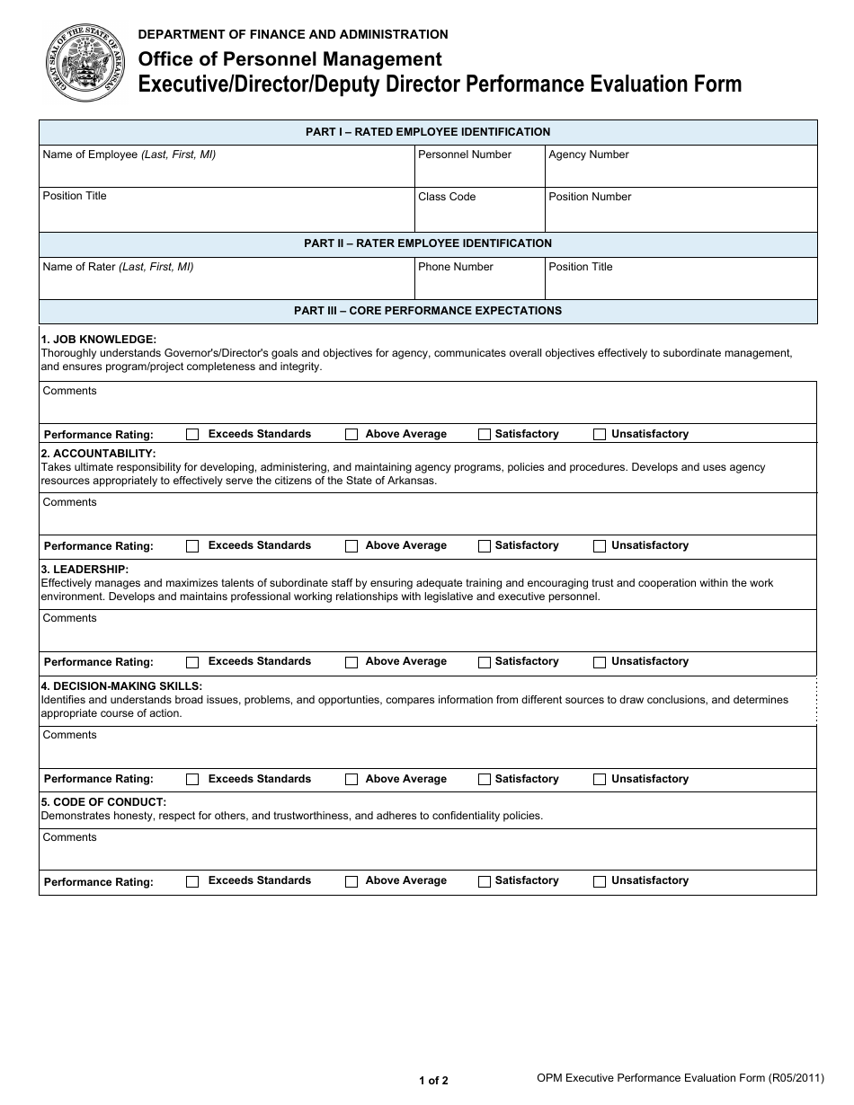 Executive / Director / Deputy Director Performance Evaluation Form - Arkansas, Page 1