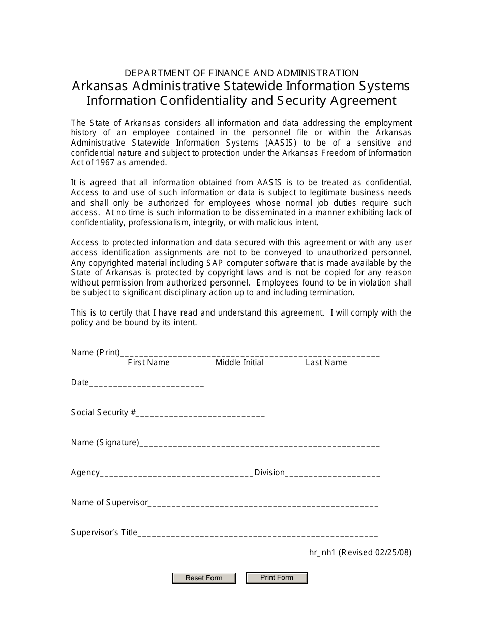 Arkansas Administrative Statewide Information Systems Information Confidentiality and Security Agreement - Arkansas, Page 1