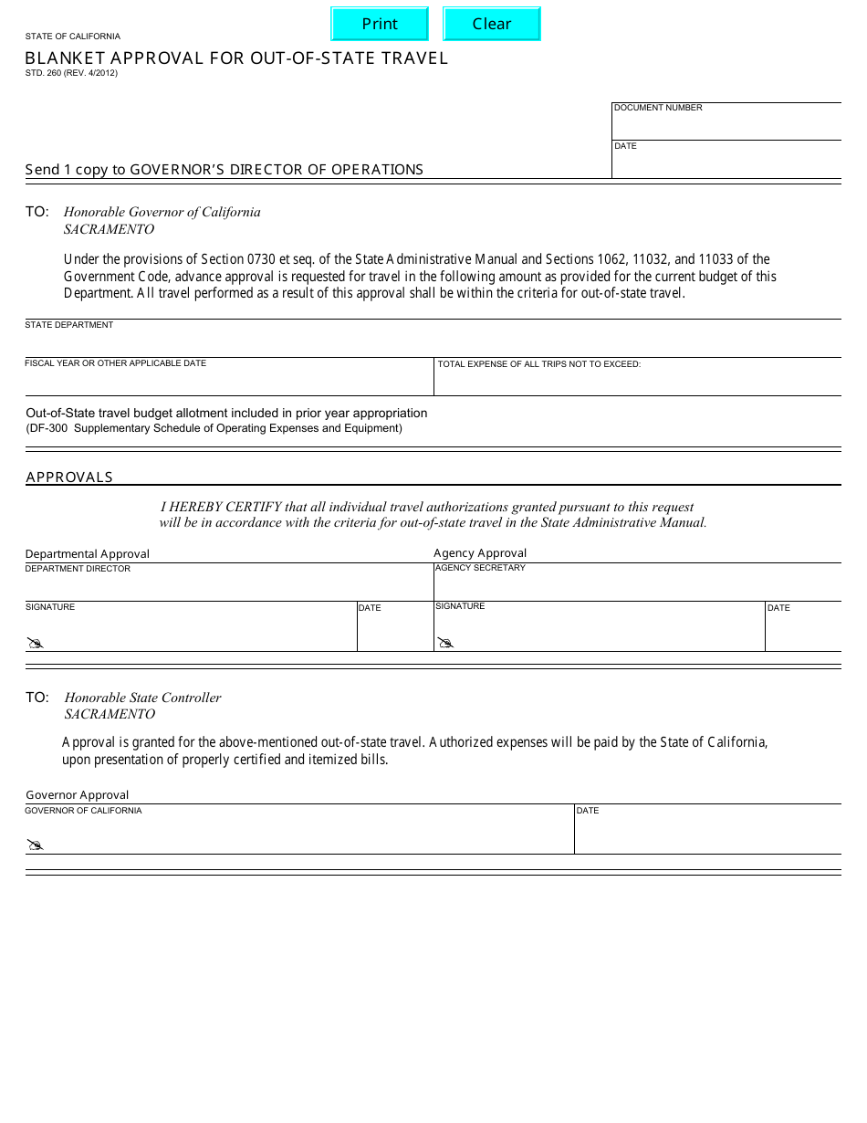 Form STD.260 Blanket Approval for Out-of-State Travel - California, Page 1