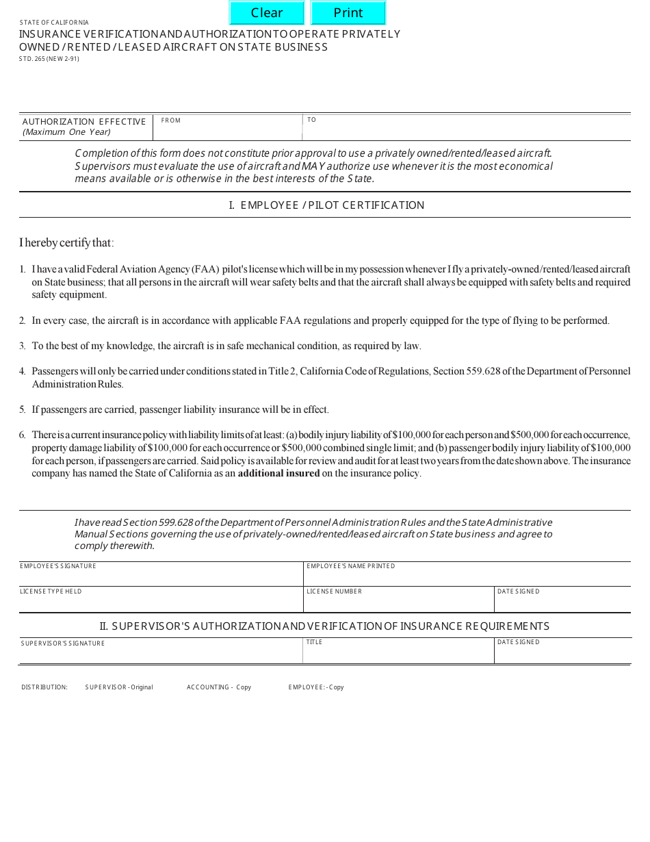 Form STD.265 Insurance Verification and Authorization to Operate Privately Owned / Rented Leased Aircraft on State Business - California, Page 1