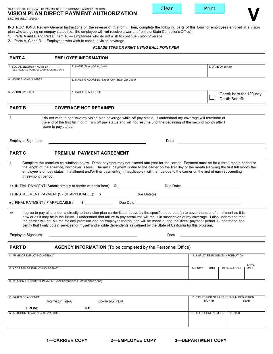 Form STD.703 Vision Plan Direct Payment Authorization - California, Page 1