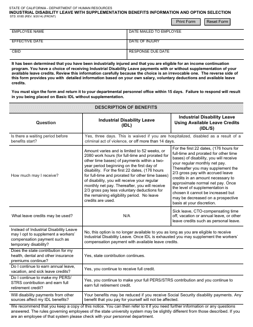 Form STD.618S Industrial Disability Leave With Supplementation Benefits Information and Options Selection - California