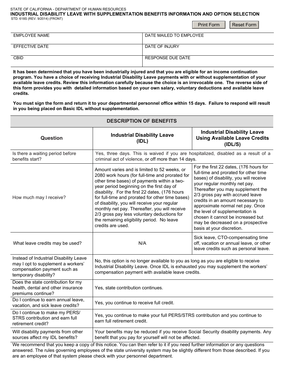 Form STD.618S Fill Out, Sign Online and Download Fillable PDF