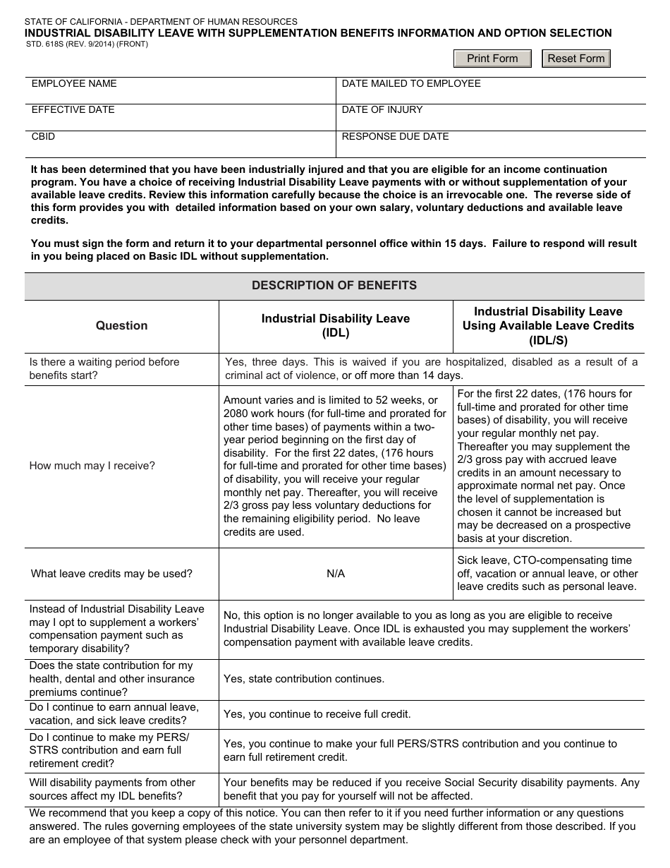 Form STD.618S Industrial Disability Leave With Supplementation Benefits Information and Options Selection - California, Page 1