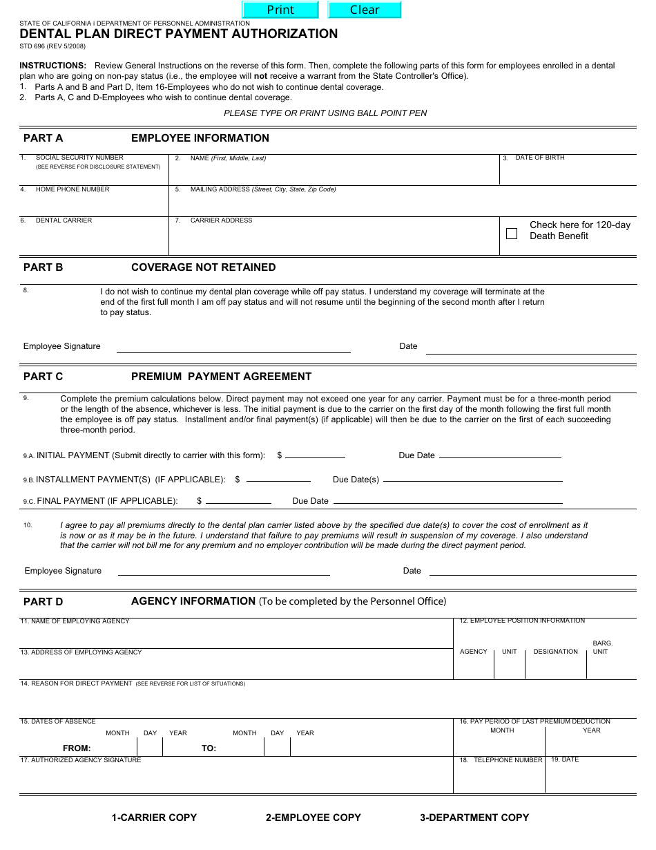 Form STD696 Dental Plan Direct Payment Authorization - California, Page 1