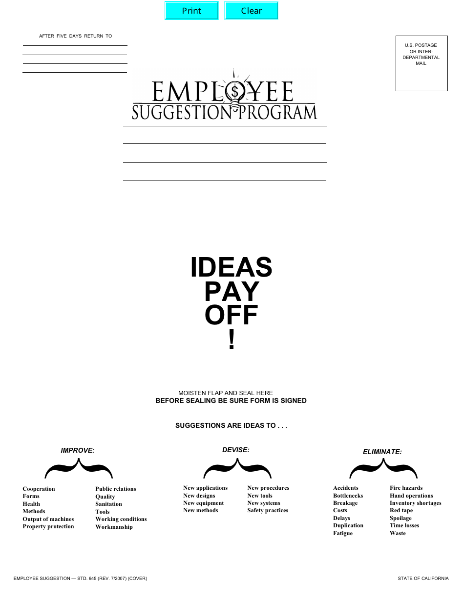 Form STD.645 Employee Suggestion - California, Page 1