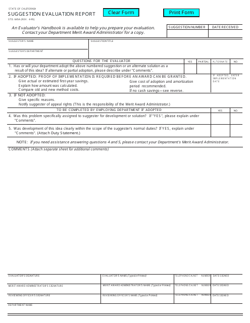 Form STD.645 A Suggestion Evaluation Report - California