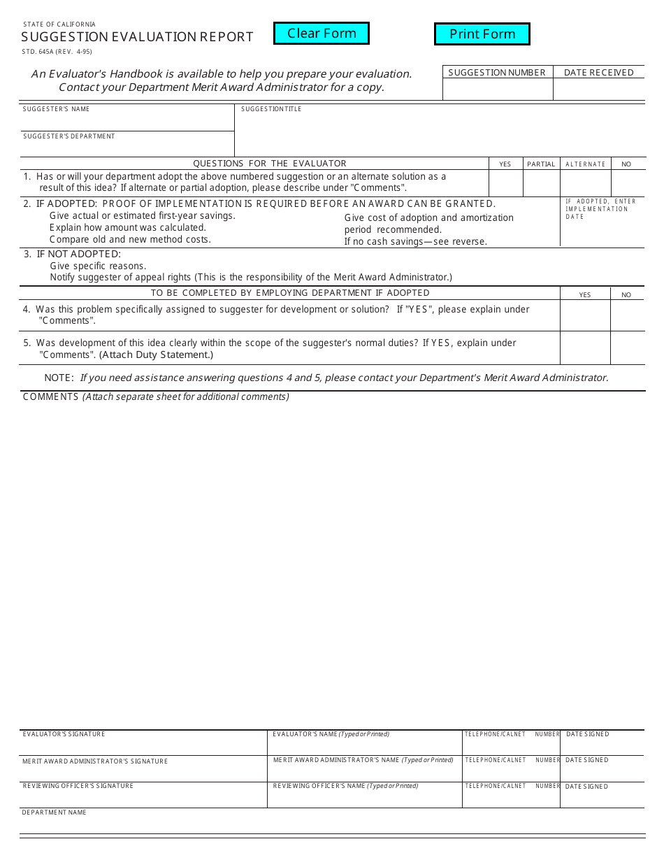 Form STD.645 A Suggestion Evaluation Report - California, Page 1