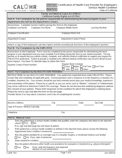 Form CALHR754 Certification of Health Care Provider for Employee's Serious Health Condition - California