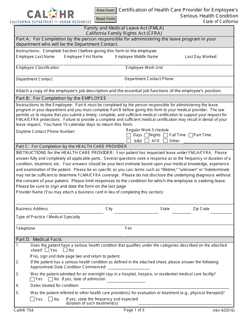 Form CALHR754 Certification of Health Care Provider for Employees Serious Health Condition - California, Page 1