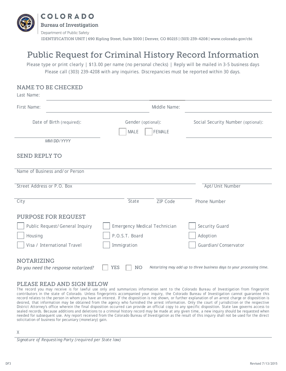 Public Request for Criminal History Record Information - Colorado, Page 1