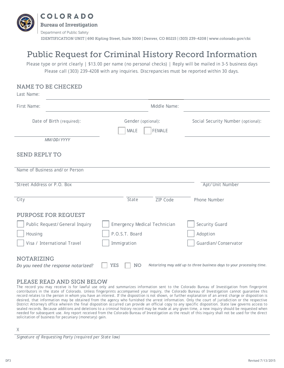 Colorado Public Request for Criminal History Record Information Fill
