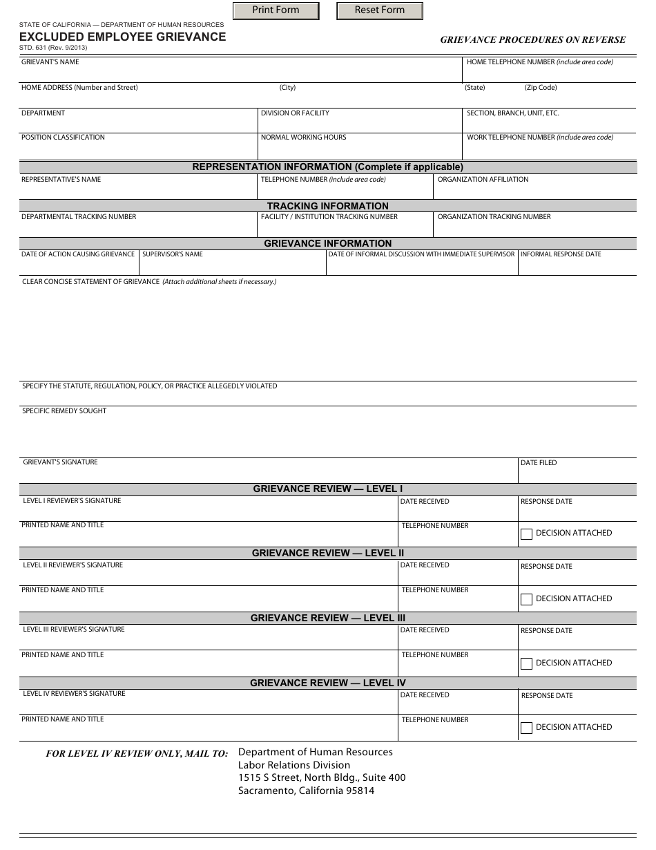 Form STD.631 Excluded Employee Grievance - California, Page 1