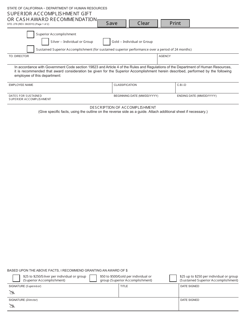 Form STD.278 Superior Accomplishment Gift or Cash Award Recommendation - California, Page 1
